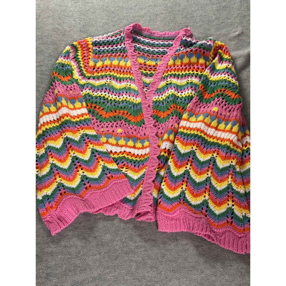 Multi Color Crochet Chevron Cardigan Open Front Rainbow Knit Scalloped Sweater